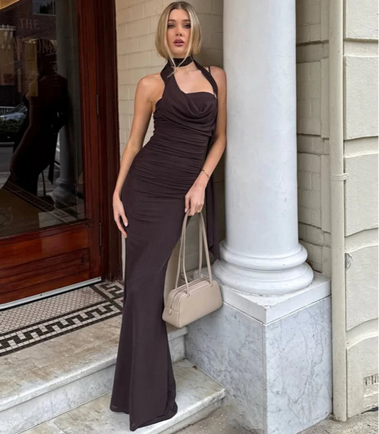 Women's Elegant Neck Scarf Ruched Backless Maxi Dress - Slip Gown