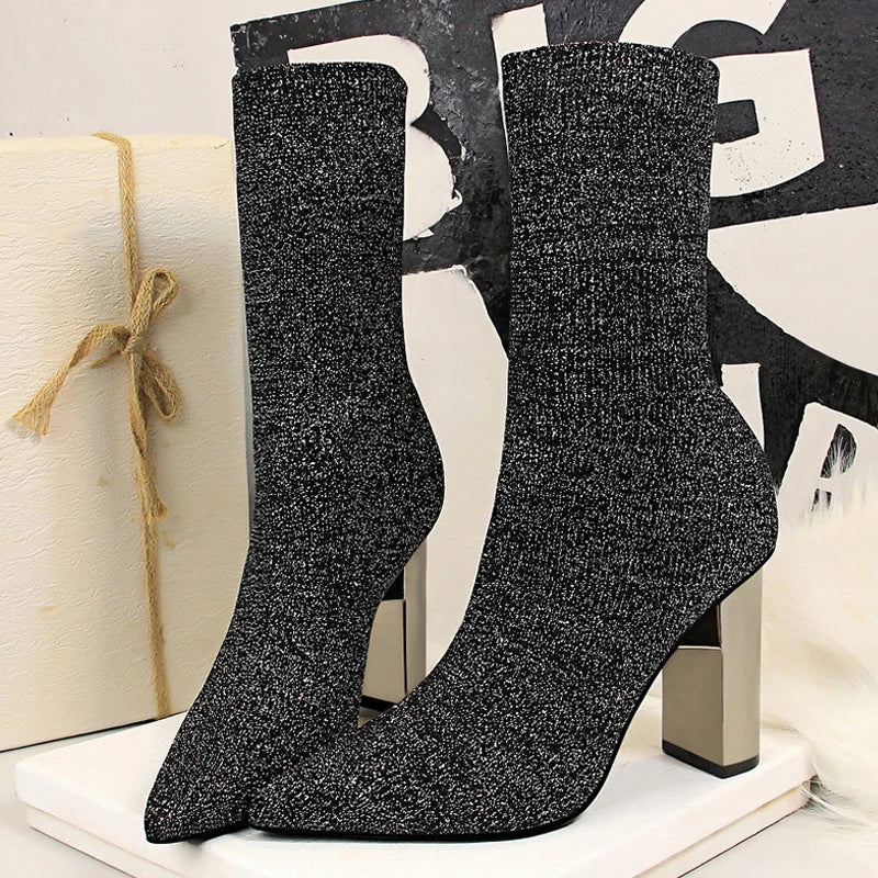Women's Elastic Sock Boots - Metal Block Heel Ankle Boots Plus Size Available