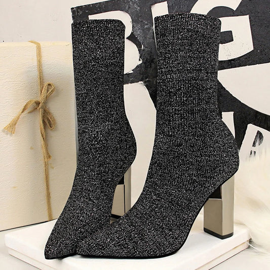 Women's Elastic Sock Boots - Metal Block Heel Ankle Boots Plus Size Available