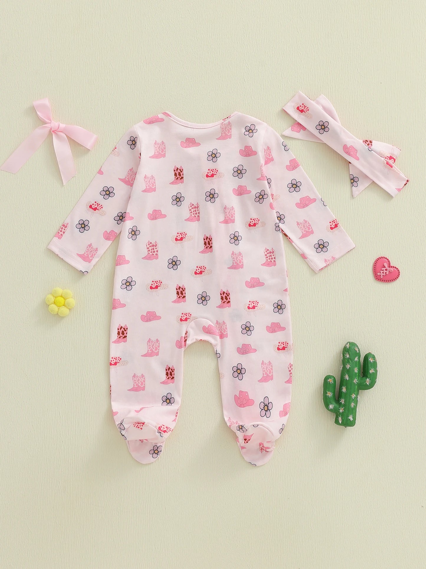 Baby Fall Winter Romper with Floral Hat Print - Zip Up Footed Jumpsuit & Headband (0-18M)