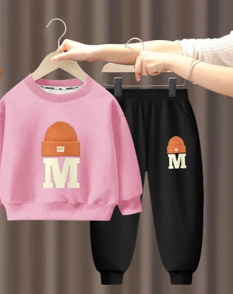 Children's Plush Letter Sweater Long sleeved Pants Two Piece Set