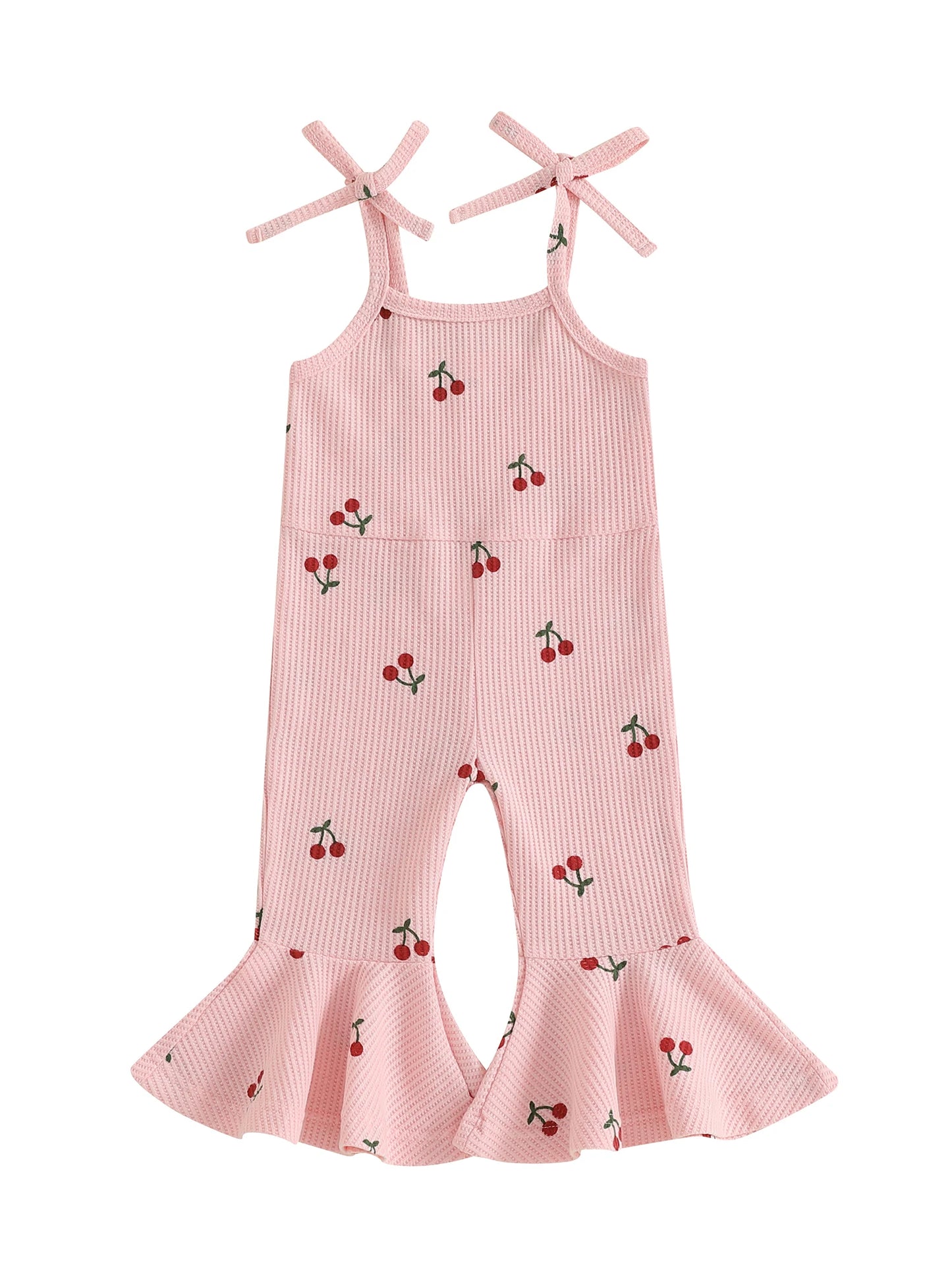 0-5Y Kids Girls Summer Jumpsuit Tie-up Spaghetti Straps Cherry Print Flare Romper Pants