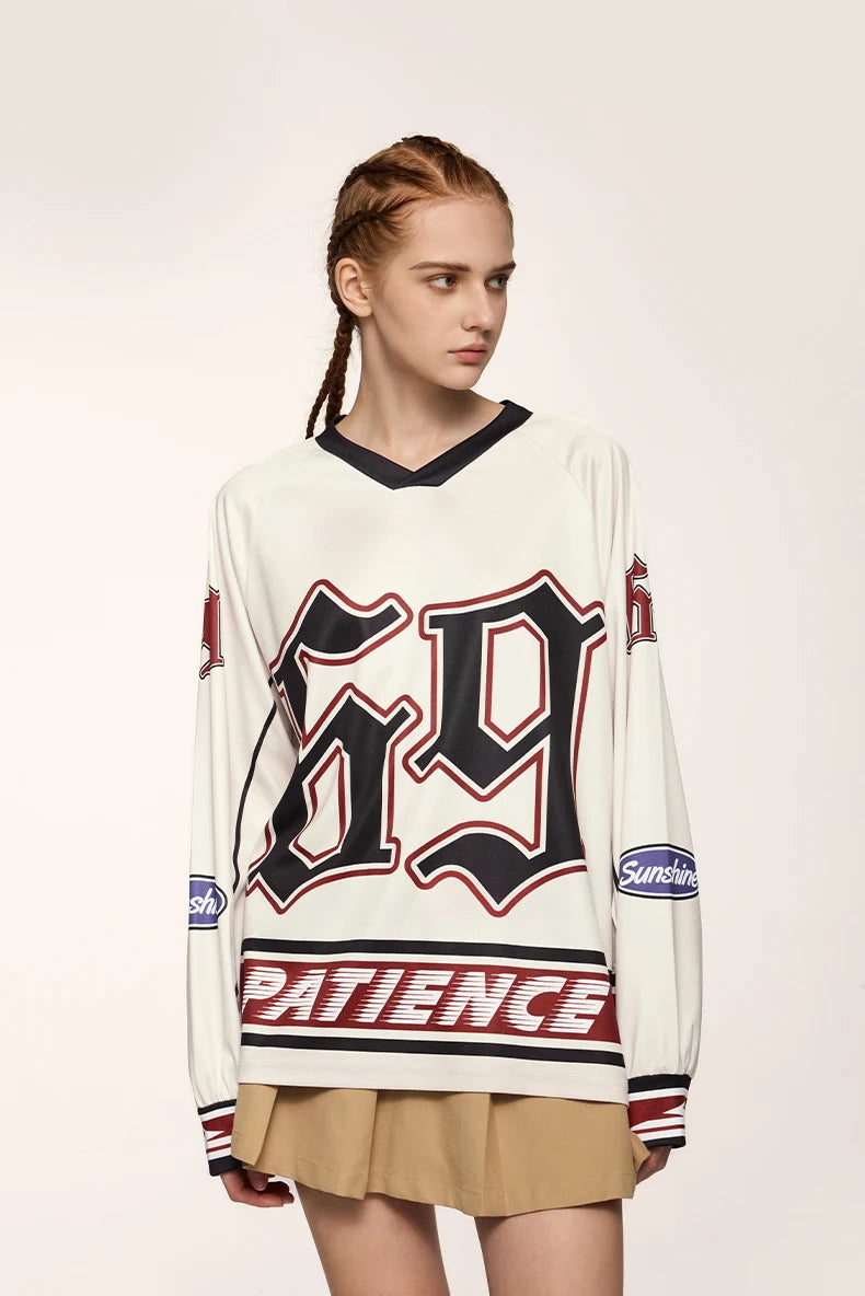 Unisex Retro Oversized Sports Letter Printed Long-sleeved T-shirt