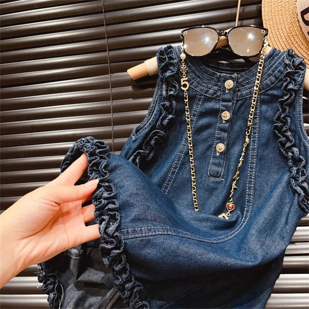 Girls Denim Vest Dress – Frill Edge Three-Button Sleeveless A-Line