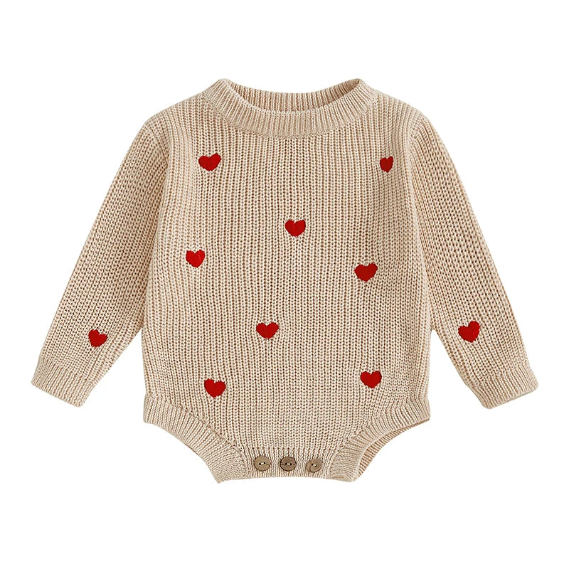 Newborn Baby Girl's Sweater Romper - Heart Knit Long Sleeve Jumpsuit for Valentine's