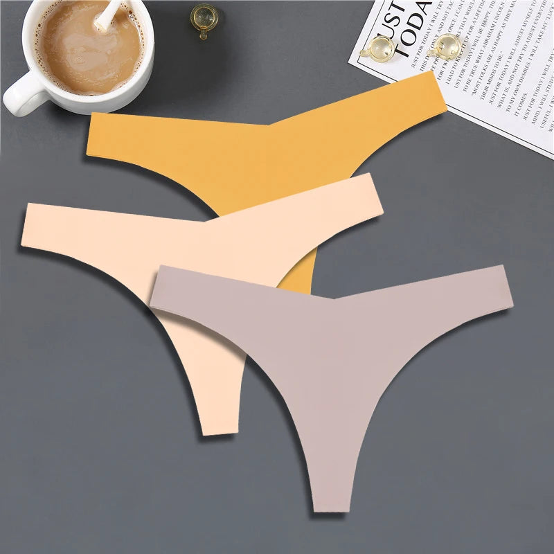 3PCS Women Ice Silk Seamless Underpants Panties, V-Waist Sport Thongs Low Rise 10 Solid Colours Breathable G-string