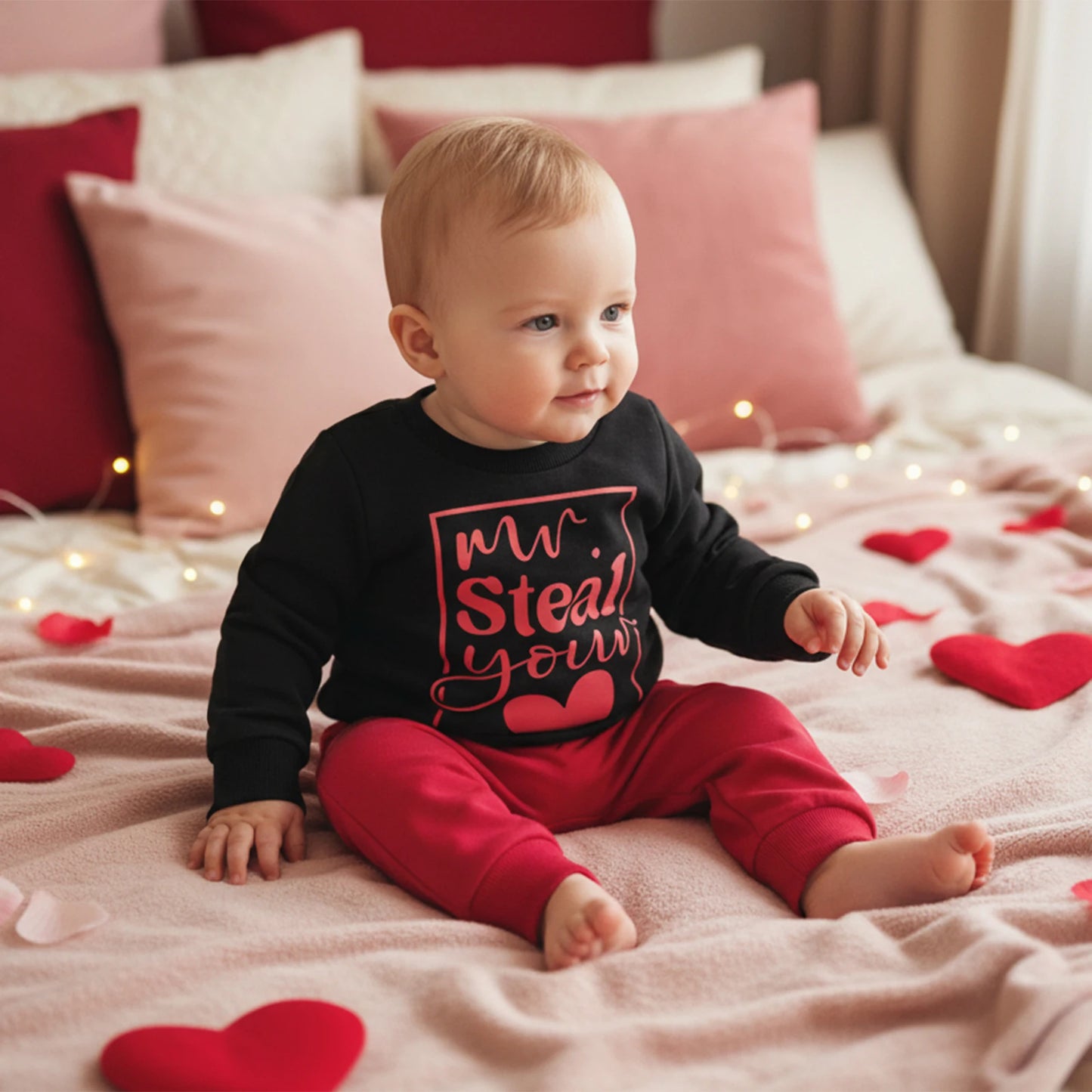 Baby Boys Valentine's Day Outfit Set - Heart Print Sweatshirt & Pants