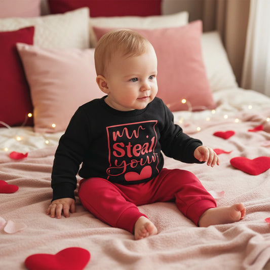 Baby Boys Valentine's Day Outfit Set - Heart Print Sweatshirt & Pants