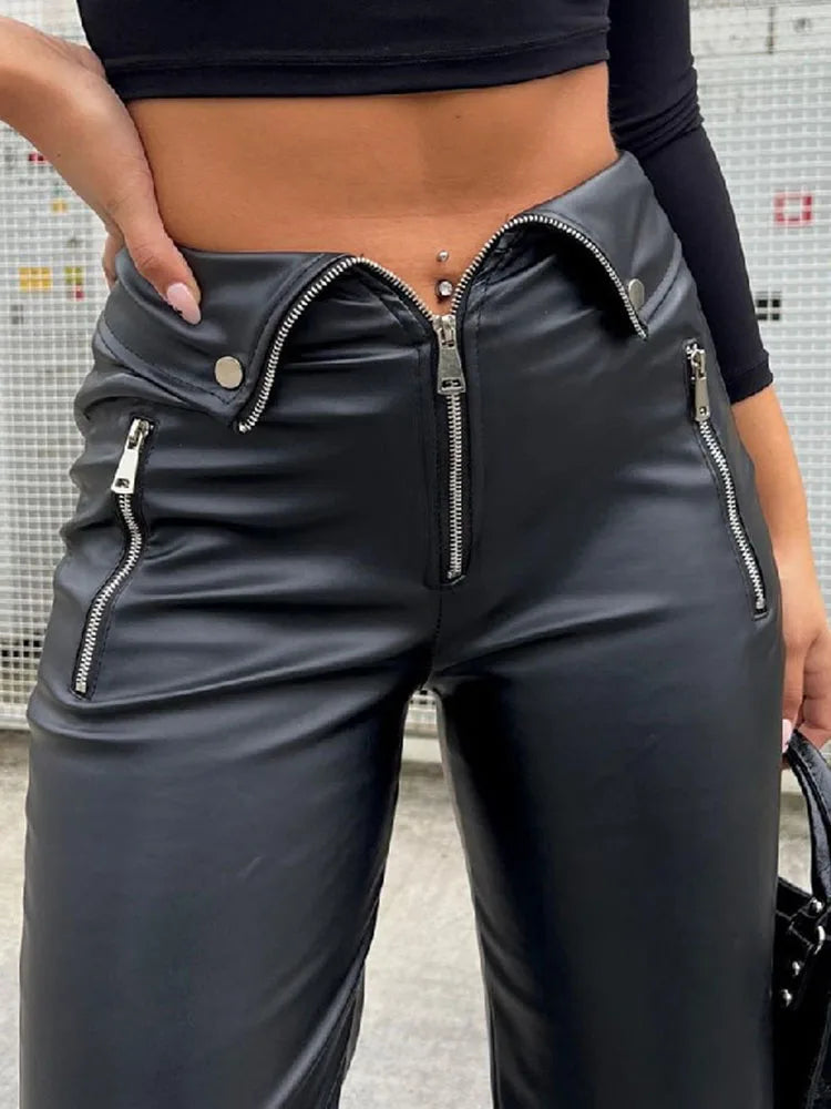 Women's PU Leather Zip Up High Rise Chic Straight Leg Trousers