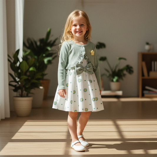 Girls Spring Outfit Set - Floral Ruffle Cardigan & Sleeveless Dress (2-8Y)