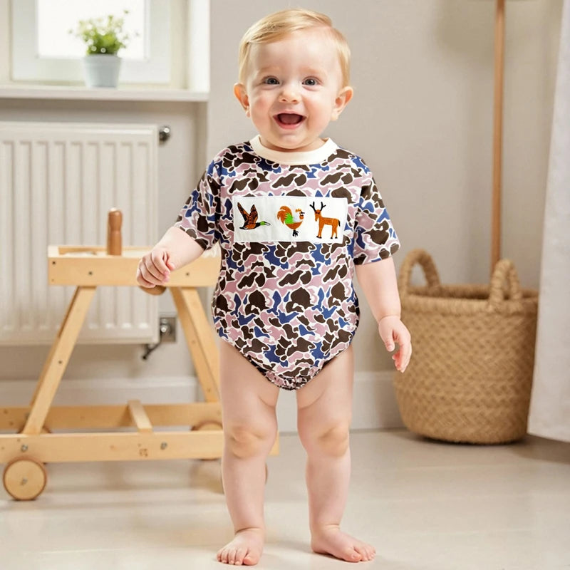 0-18M Summer Casual Baby Boys Romper Camouflage Print Short Sleeve Animal Embroidery Round Neck Jumpsuit