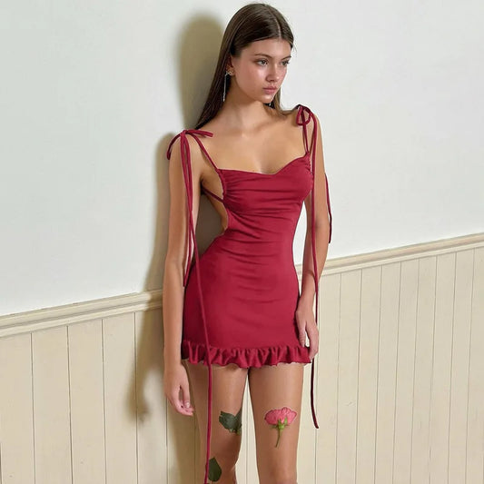 Women's Sleeveless Ruffle Mini Open Back Tie Detail Ruched Bodycon Dress