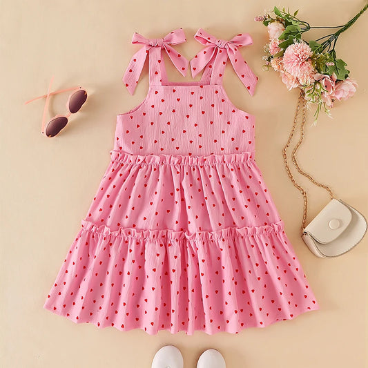 Girls Heart Print Tie-Up Sleeveless A-Line Princess Dress | Summer | 3T–7T