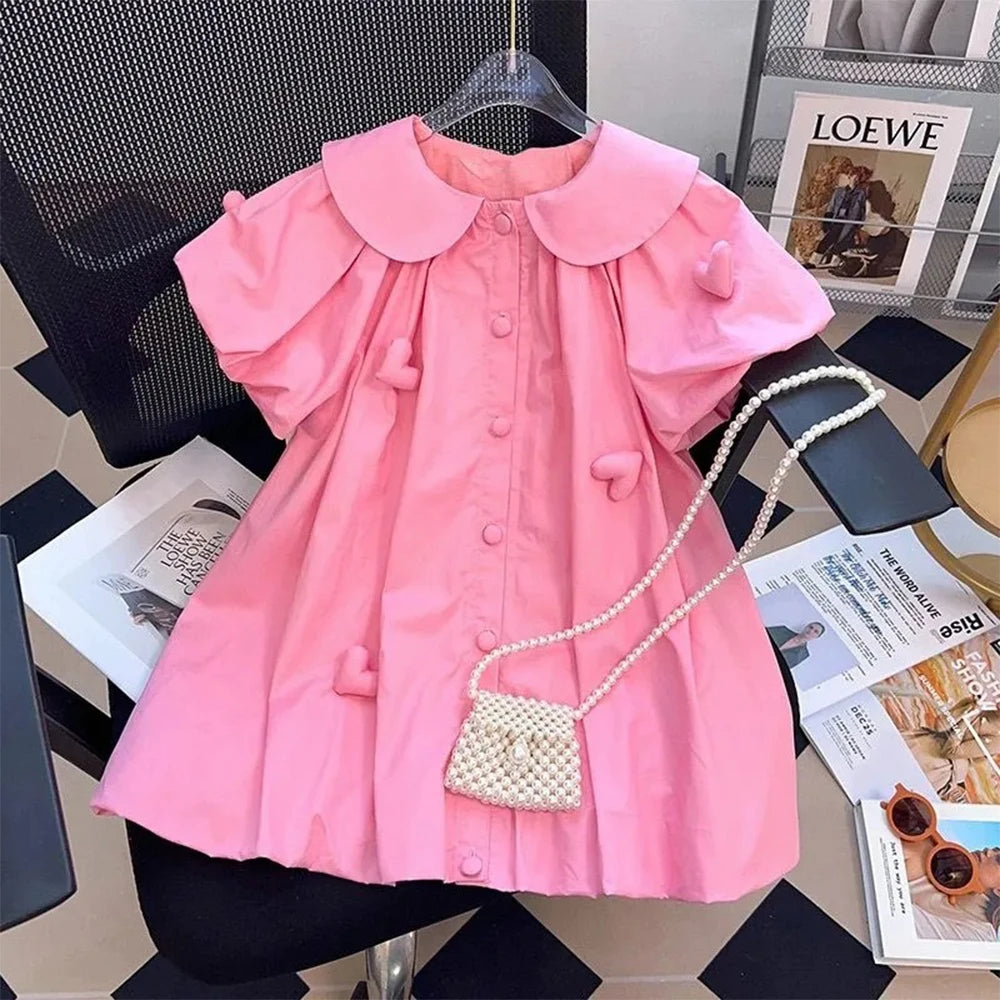 Girl's Summer Polo Collar 3D Love Decal Bubble Sleeve Princess Dress