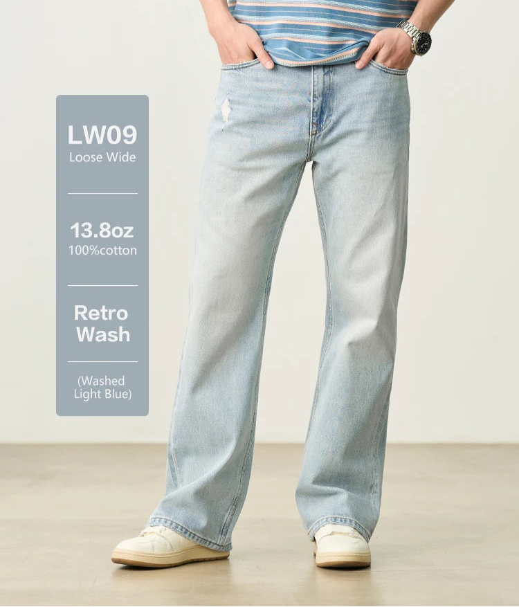 Men's High Standard Loose Relaxed 13.8oz 100% Cotton Ripped Denim Jeans - Plus Size