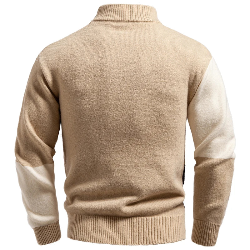 Mock Neck Patchwork Warm Knit Pullover