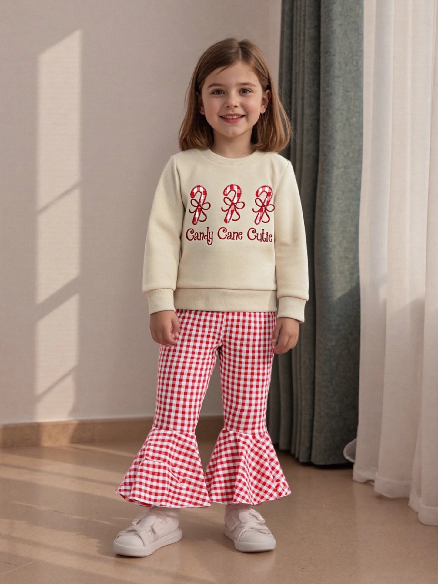 Baby Girls 2-Piece Christmas Clothes Set - Candy Cane Bow Embroidery Sweatshirt & Pants (0-3Y)