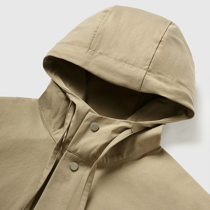 Men's Stretch Mid-Length Cargo Jacket Coat -  Loose-Fit Hooded Windbreaker Trench Coat