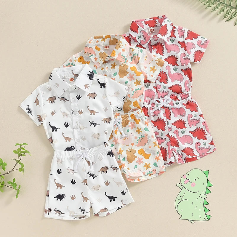 0-3Y Toddler Baby Boys Summer Clothes Sets 2pcs - Short Sleeve Dinosaur Print Button Up Top and Shorts Set