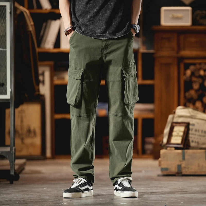 Men's Cargo Multi Pockets  Vintage Full Length 97% Cotton 3% Spandex Trousers