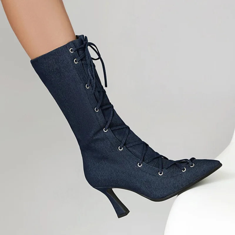 Women's Denim Blue 8cm Short Heel Ankle Boots