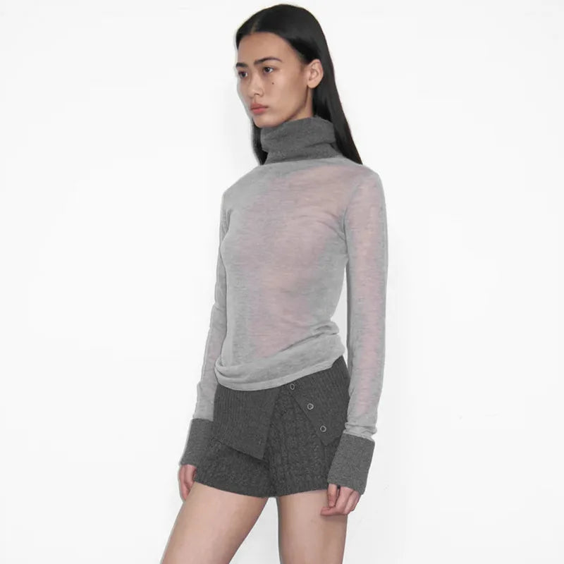 Women's Turtleneck See Through Long Sleeve Chic Elegant Knit Top