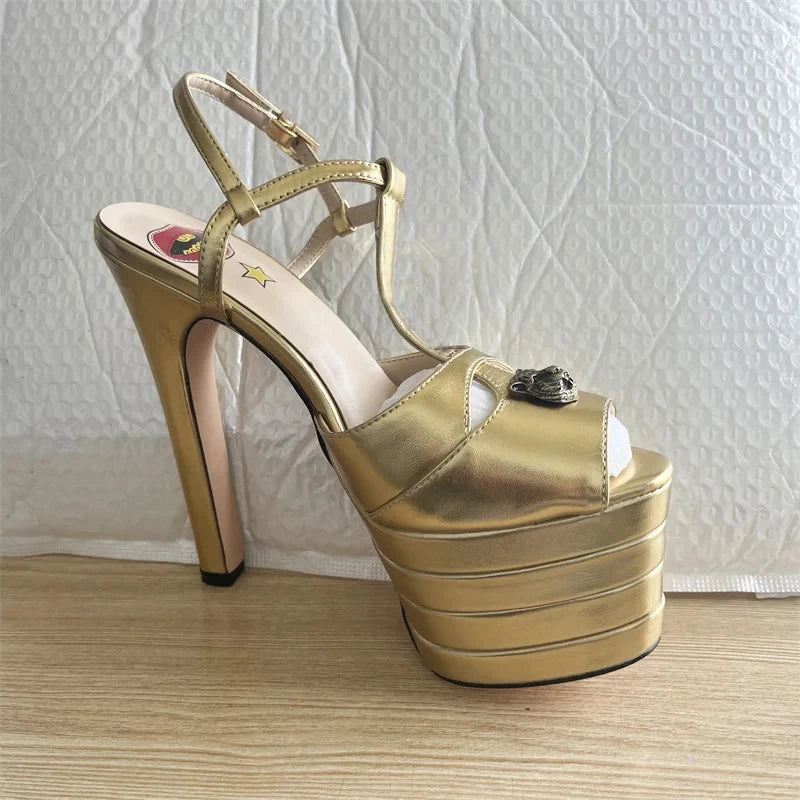 Women's Leather Platform Sandals - Wedge Heel Rivet T-Strap Sandals