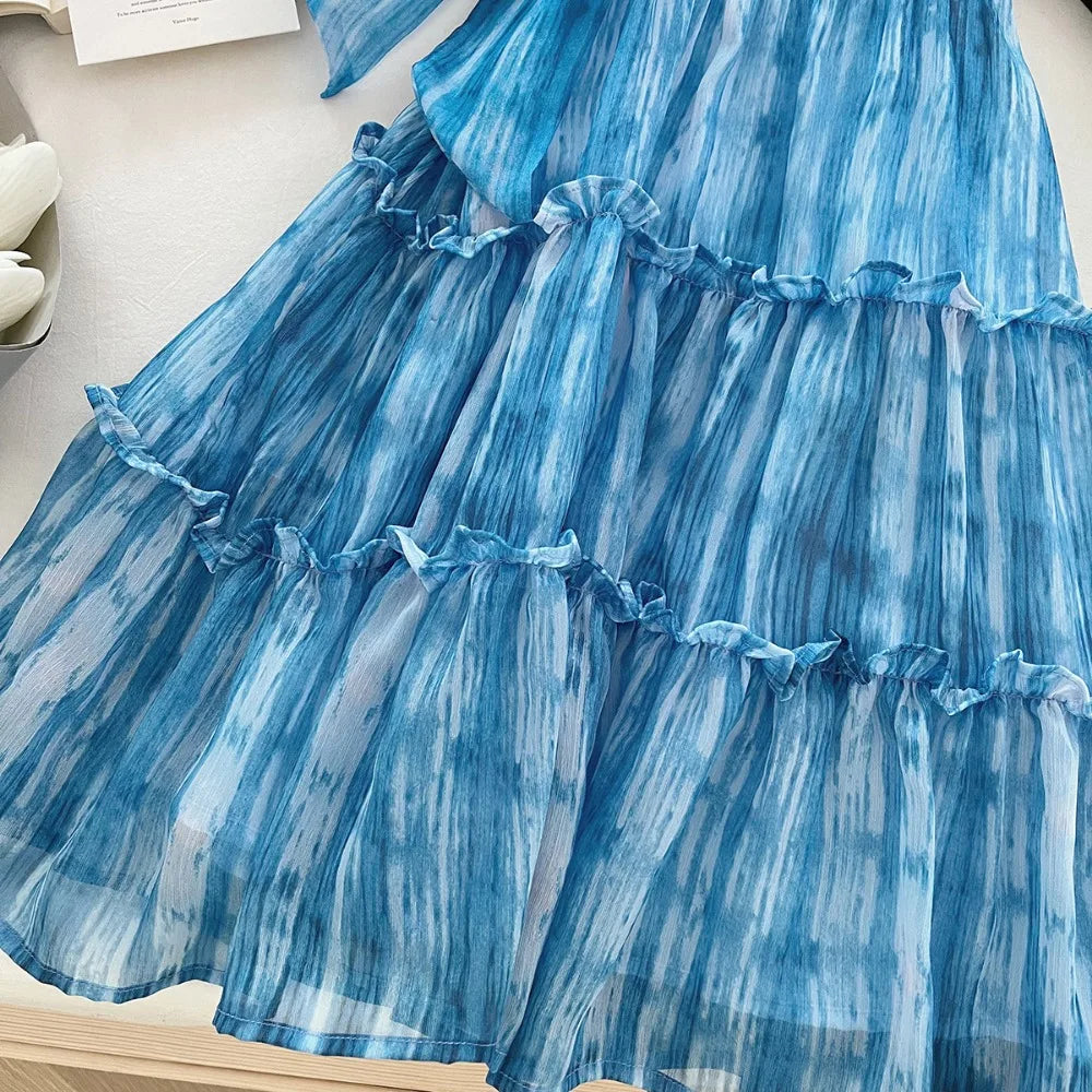 Girl's Summer Casual Round Neck Sleeveless 3D Bow Pleated A-line Dress 4-7 Years Old