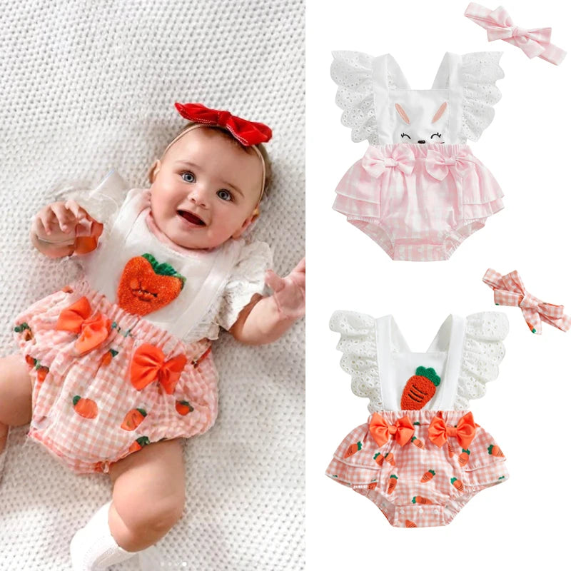 Baby Girls' Cartoon Print O-Neck Short Sleeve Romper | Pink & Orange