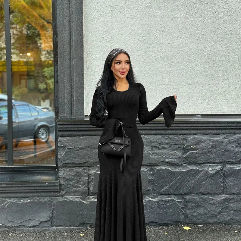 Women's Bandage Long Sleeve Casual Outfits Elegant Frill Ribbed Maxi Dress