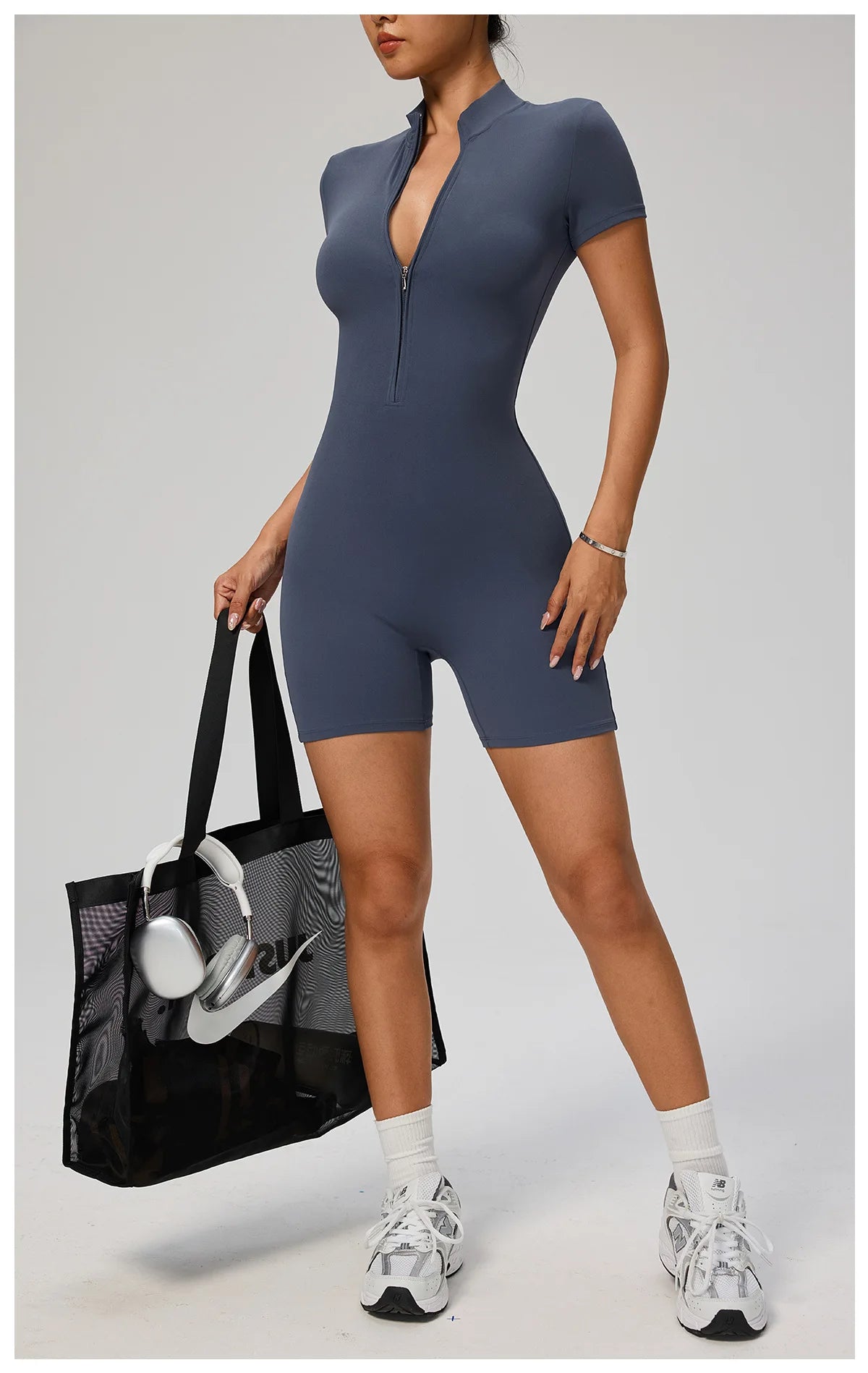 Zipper Front Jumpsuit - Short Sleeve Nylon Workout Set for Gym & Yoga