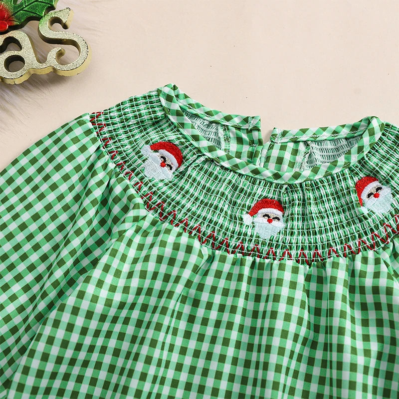 Christmas Santa Embroidery Plaid A-Line Dress - Girls Long Sleeve Festive Dress