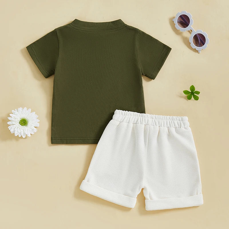 Casual Summer Baby Boys Button-Up Outfit Set - Round-Neck Top & Solid Color Shorts (0-4Y)
