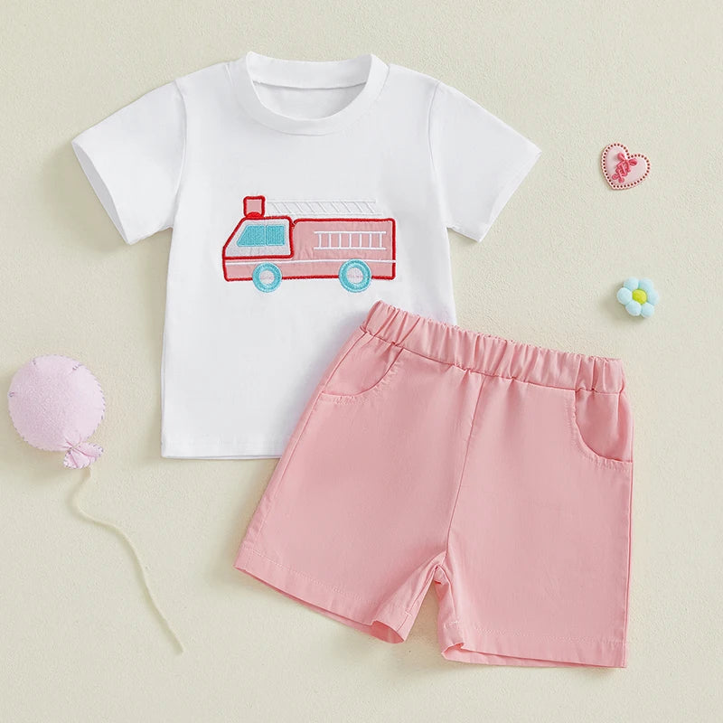 0-4Y Kids Girls Boys Clothes Sets Flag/Car Embroidery Short Sleeves T-Shirt and Elastic Shorts