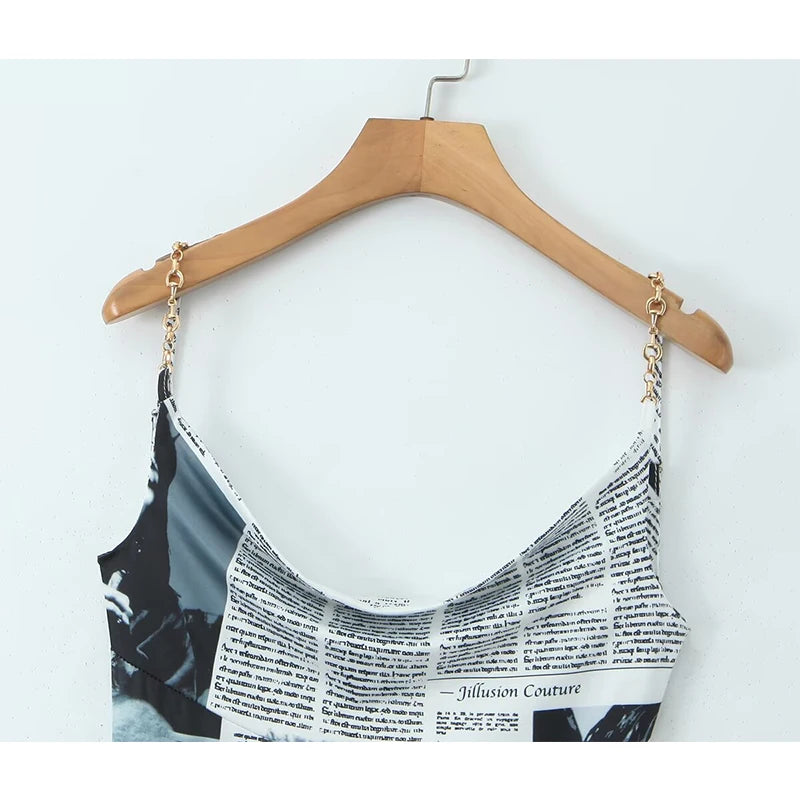 Newspaper Print Sling Dress - Backless Chain Strap Dress