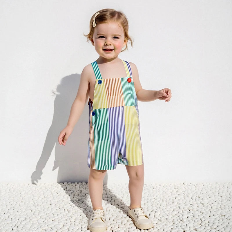 0-4Y Toddler Kids Boys Girls Overalls Shorts Loose Fit Striped Print Contrast Infant Jumpsuit