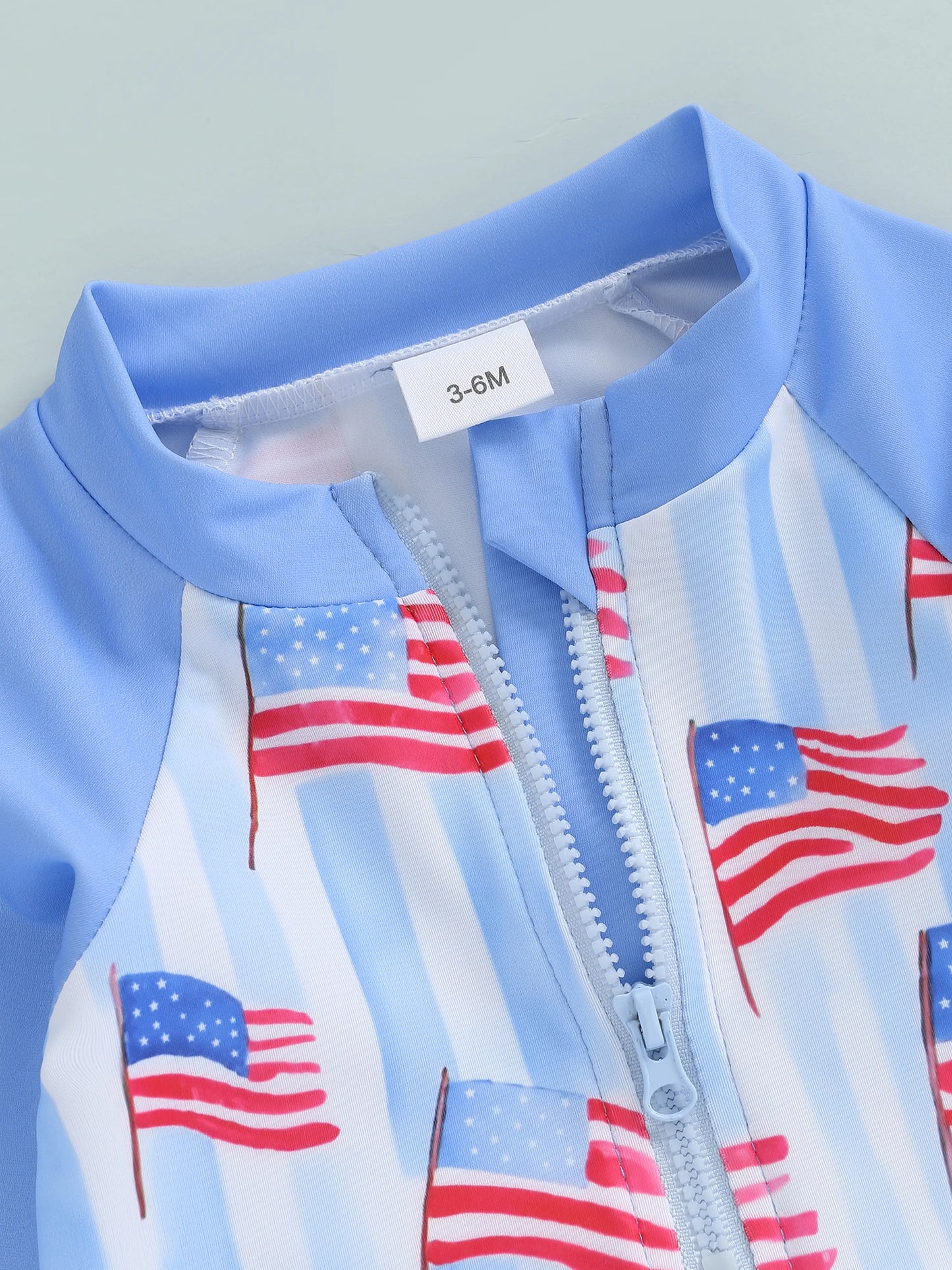 0-5Y Kids Boys Rash Guard Swimsuits Flag Print Long Sleeve Zip Up Bathing Suit with Neck Flap Sun Cap