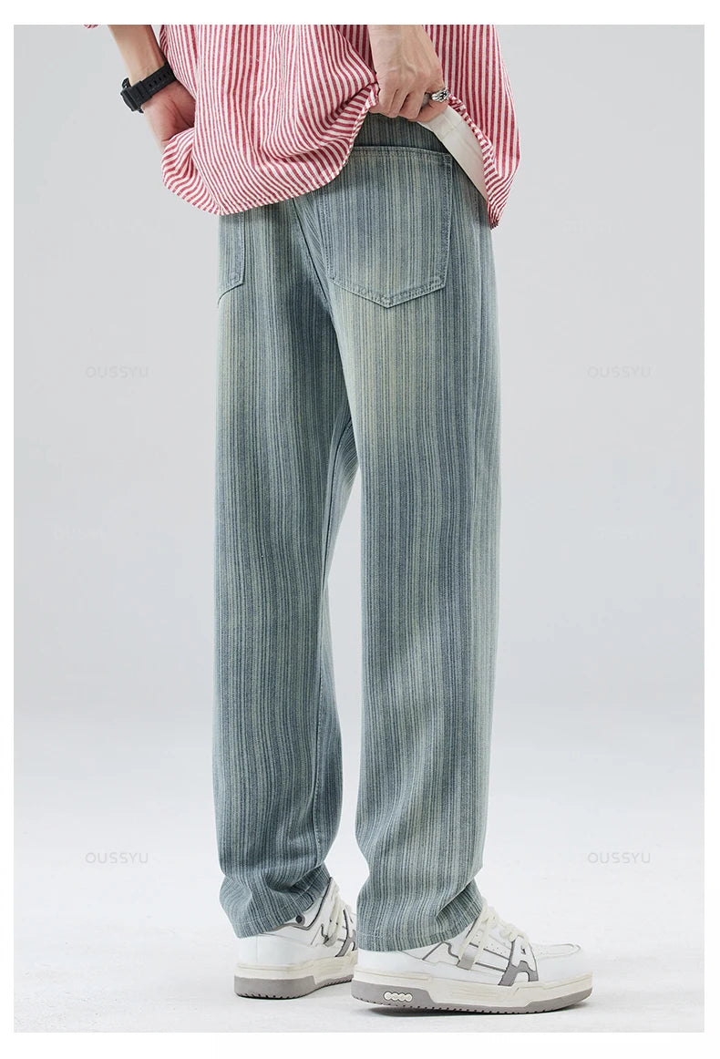 Men's Cotton Striped Straight Leg Jeans | Zipper Fly | Moustache Effect Wash | Midweight | Spring Summer | High Street