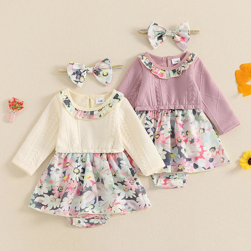 0-18M Baby Girl 2Pcs Fall Romper Dress - Long Sleeve Floral Print Knit Jumpsuits with Headband