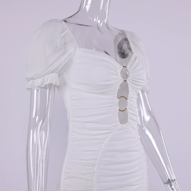 White Hollow Out Ruched Bodycon Mini Dress - Backless High Waist Party Dress