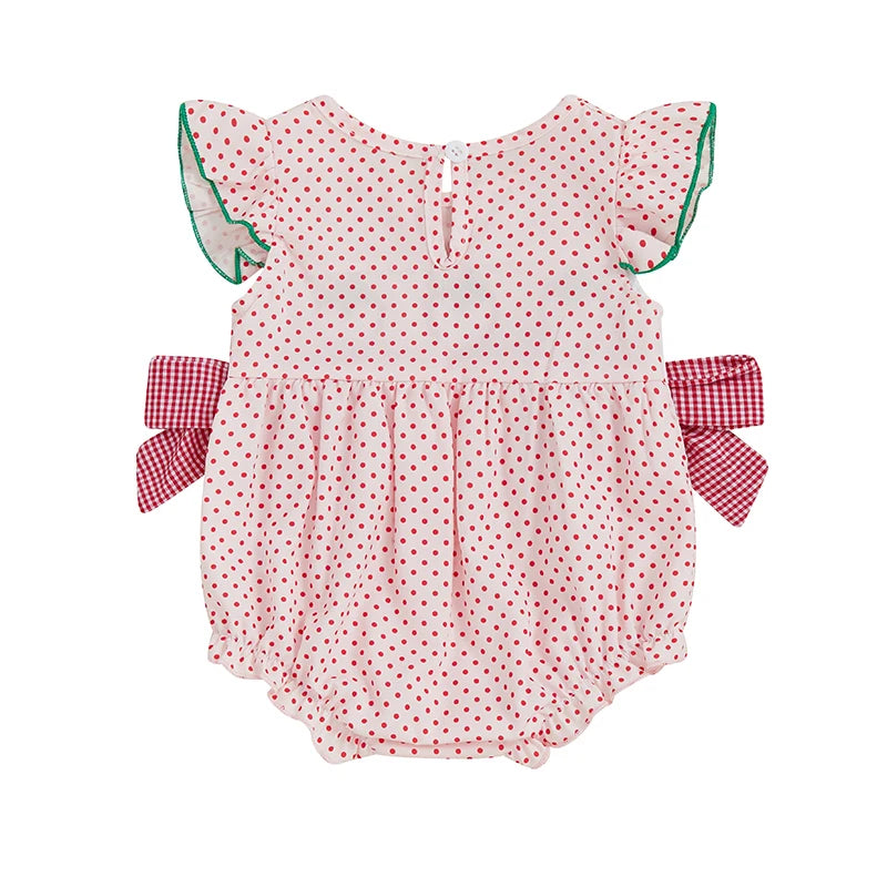 0-18M  Baby Girls Romper for Summer Strawberry Embroidery Dot Print Crew Neck Ruffled Flying Sleeve Babygrow Jumpsuit