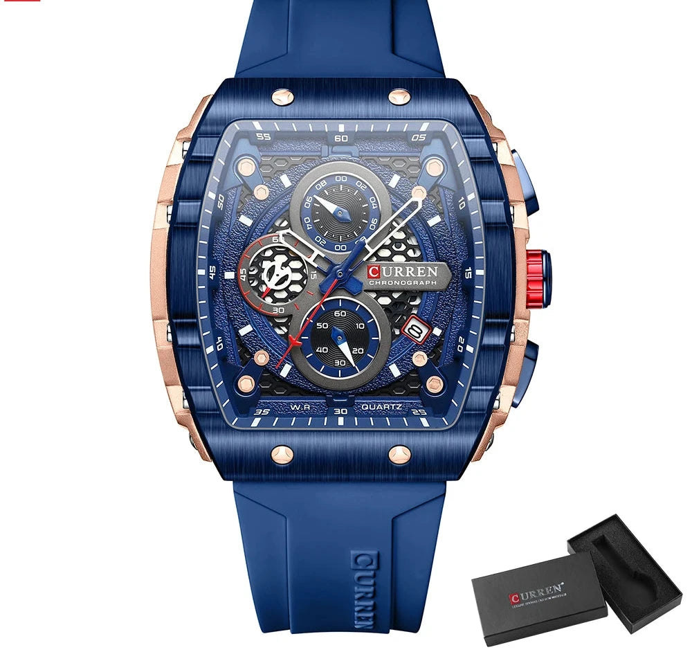 Tonneau Dial Sport Watch - Waterproof Quartz with Auto Date & Yellow Silicone Strap