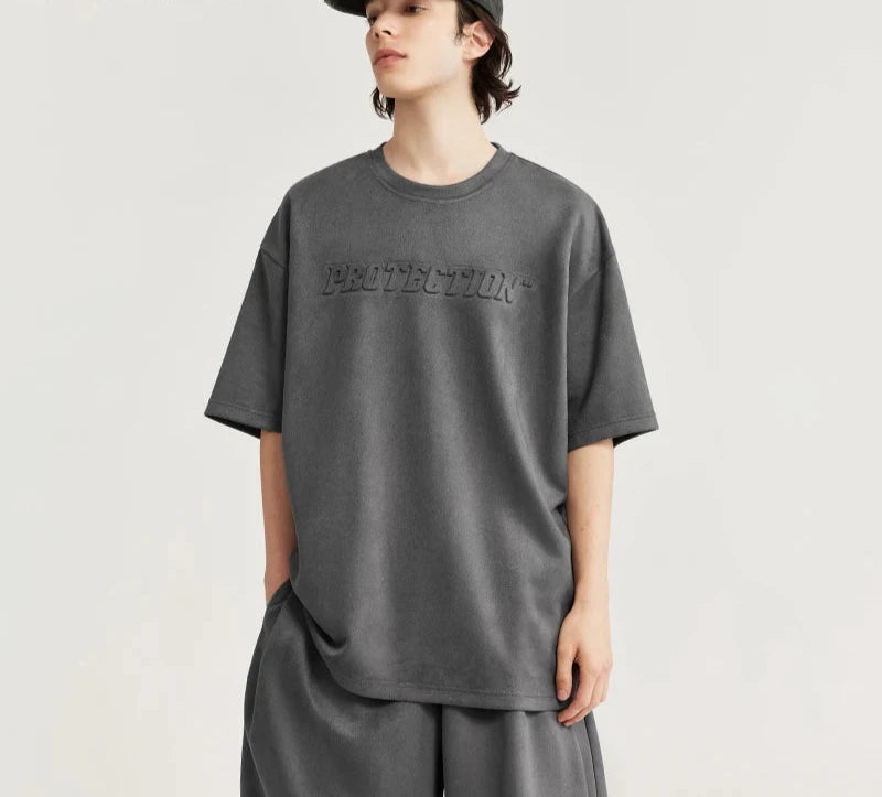 Unisex Oversized Suede Fabric Embossed T-shirts and Shorts Set