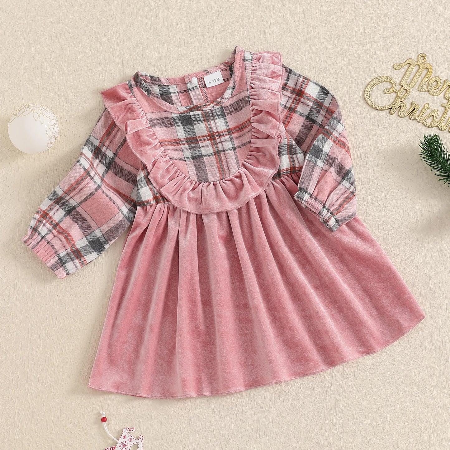 0-4Y Girl Christmas Plaid Print Velvet Patchwork Long Sleeve Crew Neck Ruffled A-Line Dress