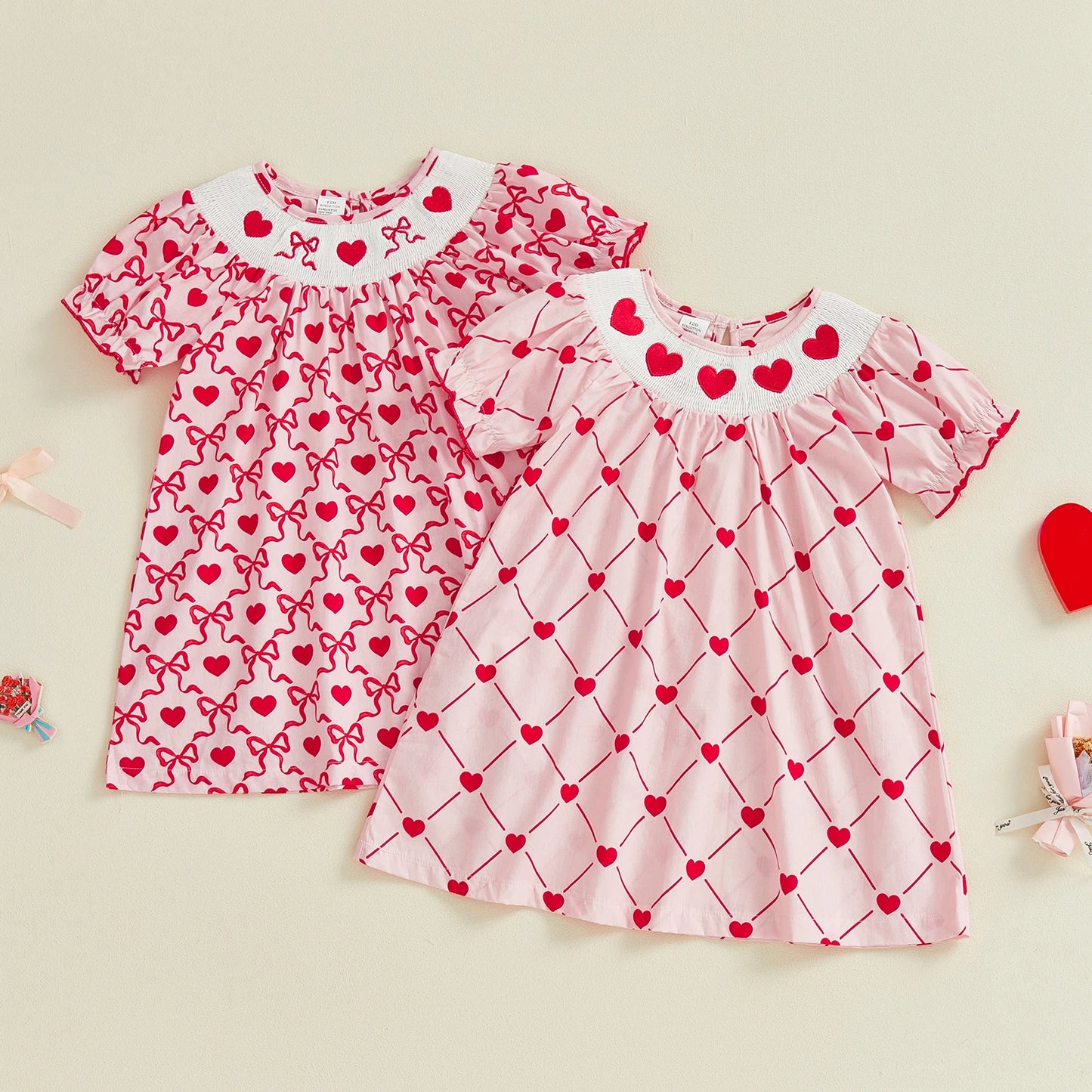 Little Girls Valentine's Day Short Sleeve Heart Embroidery Print A-Line Dress