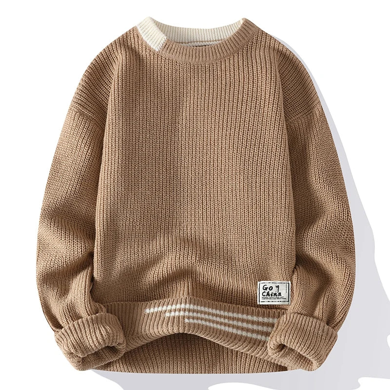 Men's Patchwork Knit Sweater - Slim Fit O-Neck Pullover for Autumn Winter