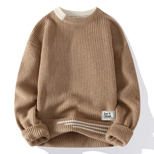 Men's Patchwork Knit Sweater - Slim Fit O-Neck Pullover for Autumn Winter