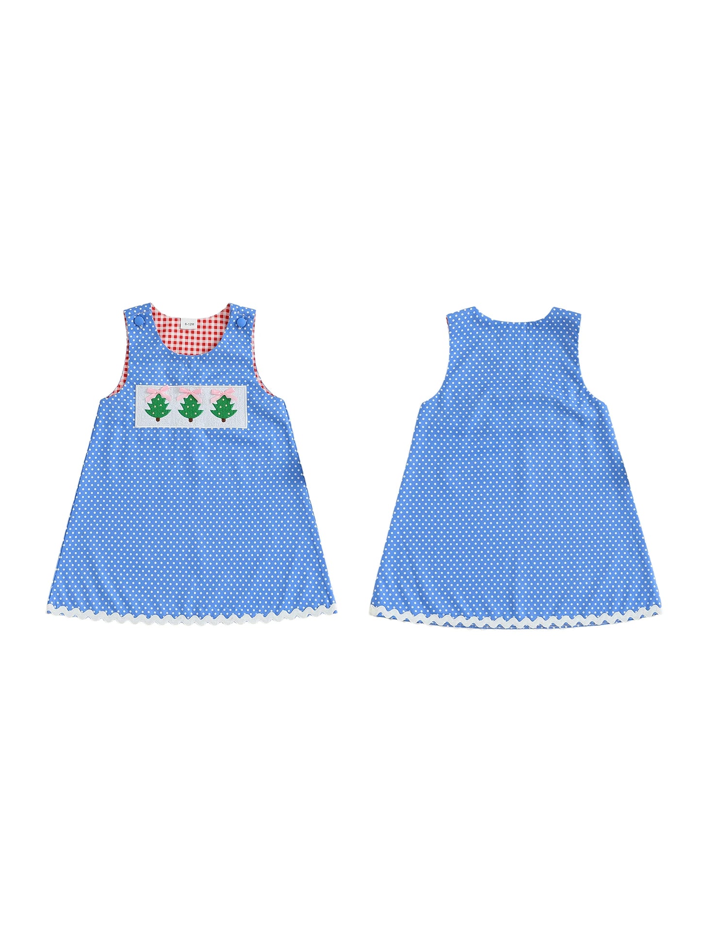 Girls' Christmas Tank Dress - Sleeveless Plaid Dress with Embroidered Tree Design