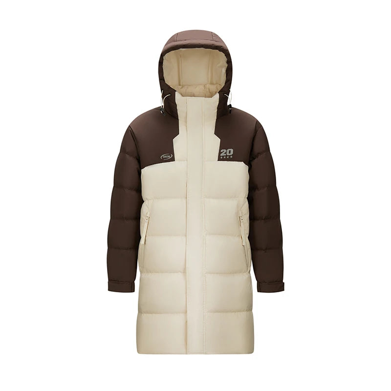 Mid-Length Down Jacket Men - Color Block Hooded Sports Style Winter Coat
