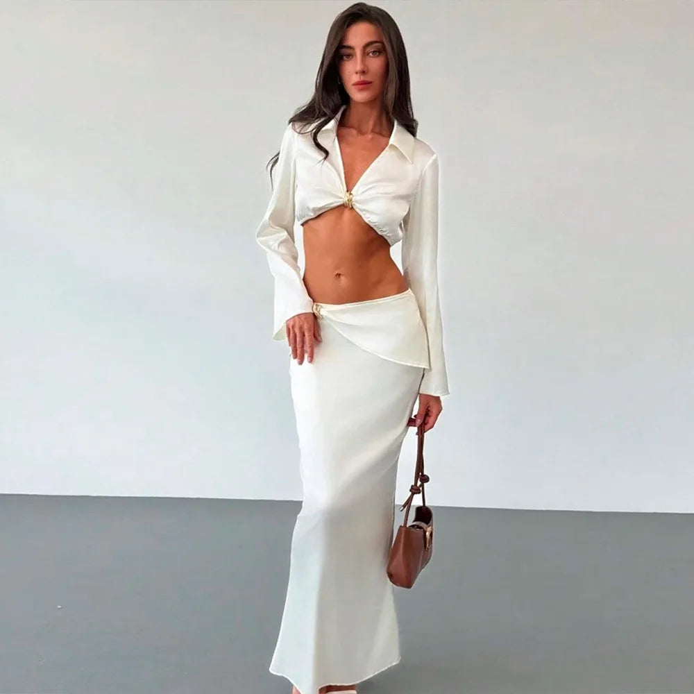 Women's Satin Long Sleeve 2 Piece Set - Deep V Neck Cropped Top & Matching Bottom